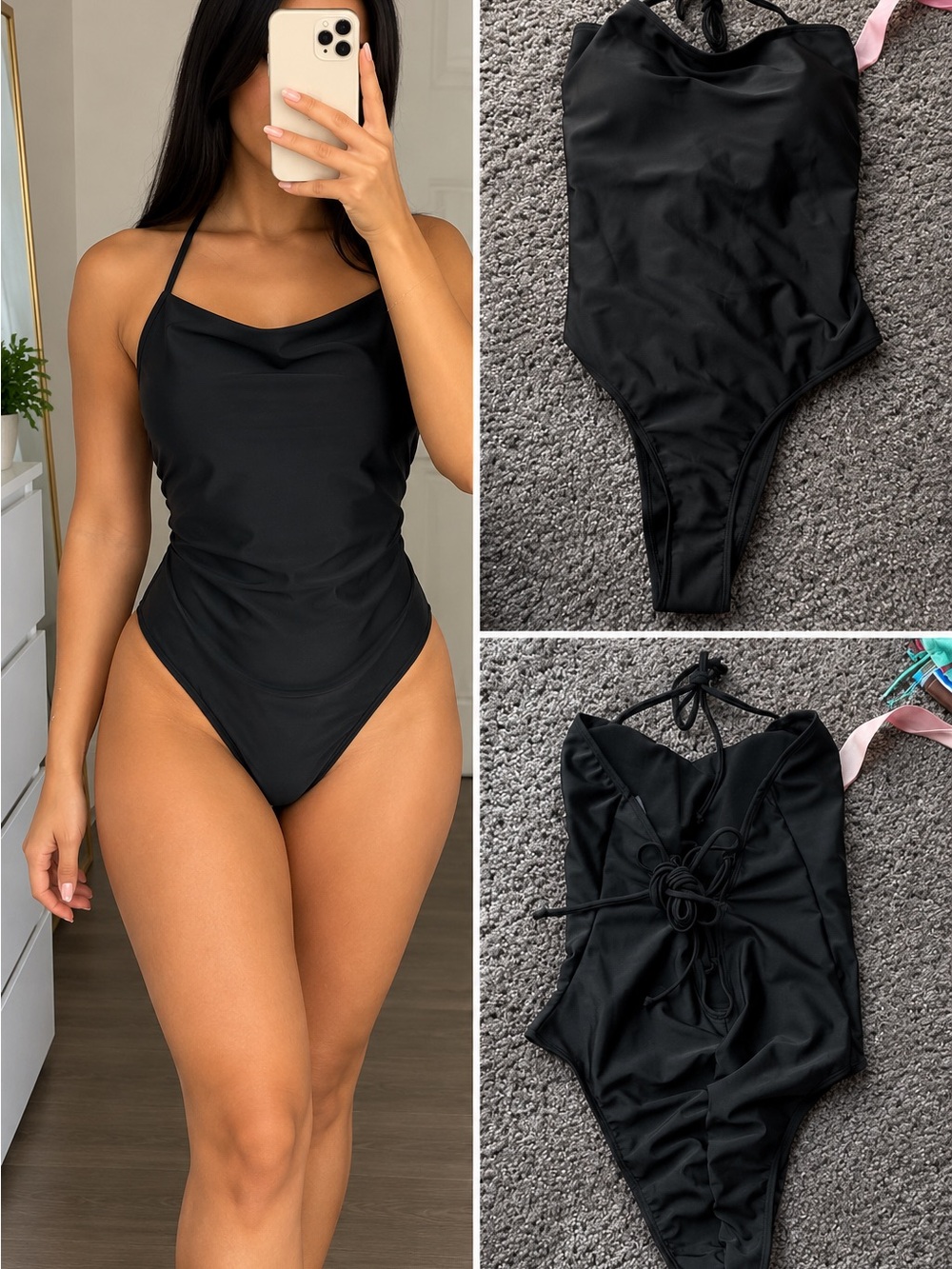 Black Women's One-Piece Halter Swimsuit
